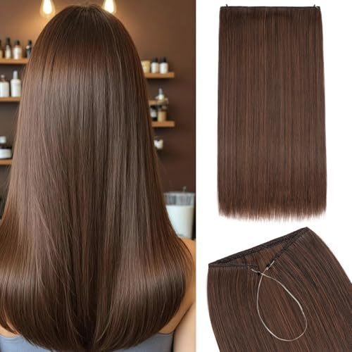 Silk-co Haarverlängerung mit Gummiband, Glatte Extensions mit unsichtbare Schnur, Synthetisch Haarteil, Haarverdichtung Haar Extensions für Frauen, Dunkelbraun mix Mittelbraun 50 cm