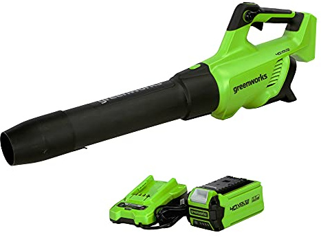 Greenworks 40V (120 MPH / 500 CFM) Leaf Blower, for damp autumn leaves, spring pollen, summer grass clippings, and winter debris across driveways, patios, Includes 2.5Ah Battery and Charger