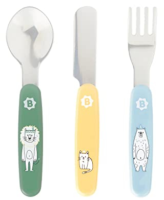 Badabulle Couverts métal, 3 couverts, Fourchette, couteau et cuillère, en acier inoxidable, 12m+