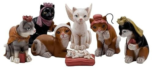 DRW Presepe Mistero di Gatti 7 Pezzi in Resina Dipinta a Mano Alto 15 cm