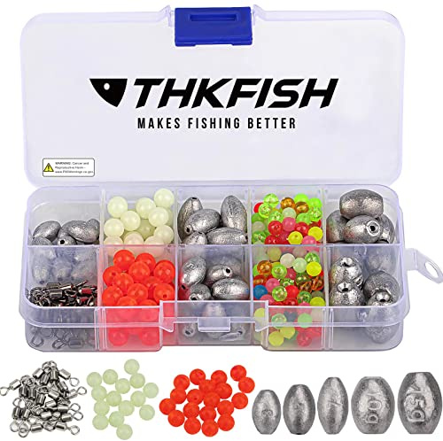 THKFISH Texas and Carolina Fishing Rig Bass Fishing Bullet-Weights for Fishing Sinkers Hooks Rolling Barrel Fishing Swivels Beads Rings Fishing Tackle Kit 35pcs/339pcs/389pcs