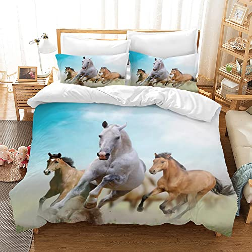AVJWWD Housse de Couette Cheval avec Impression 3D, Parure de lit Animal Cheval Ensemble de Literie en Microfibre avec Fermeture éclair, pour Enfants, Adolescents (220 x 240 cm, Three Horses)