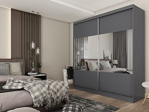 ALTDECOR Kleiderschrank mit Spiegel und Schiebetüren, kugelgelagerte Führungsschienen und Aluminium-Leisten, LED-Beleuchtung (weiß + 16 Farben) und Fernbedienung - CELI - 200 cm Grau
