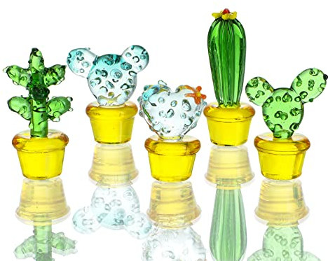 H&D Hyaline&Dora 5PCS Handmade Blown Glass Art Cactus Crystal Miniature Cute Cactus Figurines Home Office Desk Tabletop Simulation Plants Decorations Car Inner Ornaments