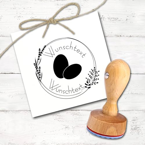 Stempel personalisiert Eier von glücklichen Hühnern Vintage Kranz Ei - Holzstempel Motivstempel Rundstempel Eierstempel 39x36mm
