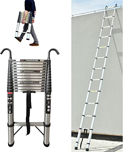 5m Teleskopleiter mit mit 2 Haken, 12 Sprossen, Edelstahl Ausziehbar Leiter Tragbare Ausziehleiter Rutschfesten Mehrzweckleiter 150kg Tragkraft, EN131
