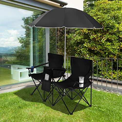 SPOTRAVEL Double Camping Chair, Folding Loveseat Chairs with Umbrella and Carrying Bag, Outdoor Portable Picnic Shade Chair for Fishing, Traveling and Hiking (Black)