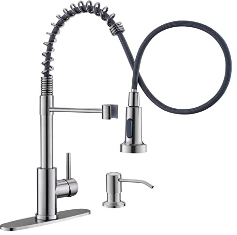 GIMILI Kitchen Faucet with Soap Dispenser, Commercial Single Handle Spring Brushed Nickel Pull Out Kitchen Sink Faucets with Pull Down Sprayer