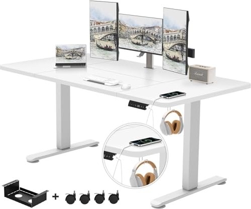 TRIUMPHKEY 140x70 cm Große Schreibtisch Höhenverstellbar mit USB Ladeanschluss, 3 Memory-Steuerung Höhenverstellbarer Schreibtisch mit Anti-Kollisions-System Stehpult Computertisch Gestell Weiß