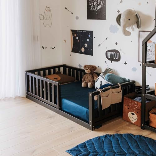 Sweet Home From Wood Kinderbett Montessori Bodenbett, Montessori-Bett Bodenbetten für Kinder, bodenbett Erwachsene, Futonbett (Schwarz, 200x90cm)