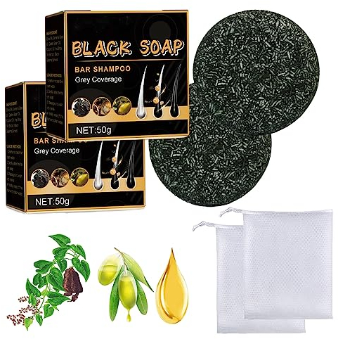 SENGHUI 50g Grau Glanz Seife,Grau Glanz Haar Revitalisierungsbar,GrauGlanz Schwarze Seife mit Netzbeutel,Grauabdeckung Haarshampoo (2Sets)