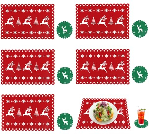 Platzset Weihnachten (43 * 30 cm), Darryy 6er Set Tischset Weihnachten, Tischdeko, Weihnachtstischset Filz, Inklusive 6 Tischsets (43 * 30 cm), 6 Untersetzer (10.5 * 10.5 cm),Filz,Rot,Grün