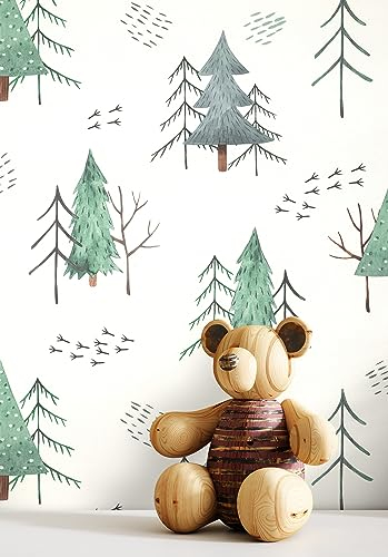 NEWROOM Tapete Grün Vliestapete Bäume - Kindertapete Kinder Grau Weiß Tannen Wald Jugendtapete Verspielt Babytapete inkl. Tapezier-Ratgeber