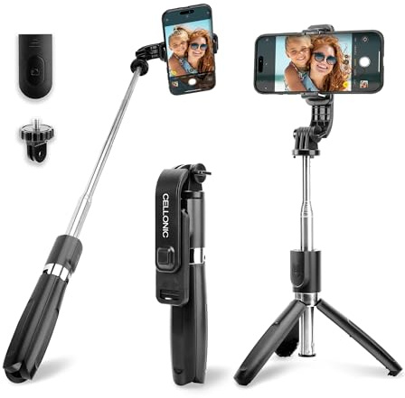 CELLONIC Bastone per selfie 2 in 1 e treppiede – 1 m allungabile per selfie e treppiede pieghevole con telecomando Bluetooth per cellulare e fotocamera compatibile con iPhone, GoPro, Android e altri