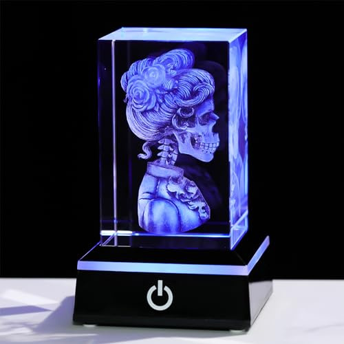 Briefbeschwerer aus Glas mit 3D-Kristall, geätzter Totenkopf, mit LED-Lichtern