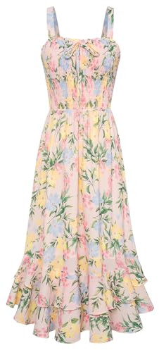 GRACE KARIN Women Summer Floral Maxi Dress Squar Neck Chiffon A Line Strappy Smocked Boho Beach Dress Flower Print L