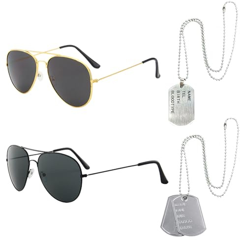 EUPSIIU 4 Piezas Disfraz de Aviador Piloto Army Militar Accesorios de TáCtica Soldados con Collar Placa de Identificación y Gafas de Sol para Hombres Mujeres Soldado Cosplay Halloween Carnaval