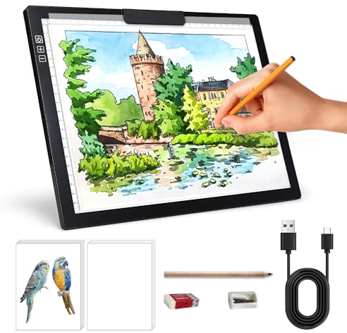 Zocelight Wiederaufladbare A4 Leuchttisch, LED-Lichtkissen mit integriertem Stand & Clip, 6 Ebenen der Helligkeitsschachtel,Kabelloses Lichtplatte für Zeichnen, Skizzieren, Tattoo,Diamantmalerei