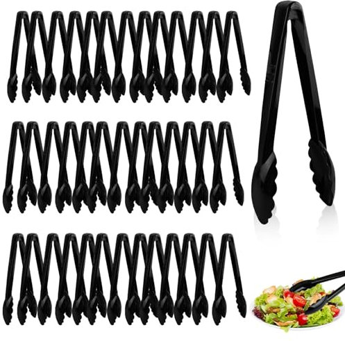 Boocalny 40Pcs Plastic Tongs for Serving Bulk, 9 Inch Plastic Serving Utensils Tongs, Heavy Duty Salad Tongs, Disposable Tongs for Serving Food Kitchen Buffets BBQ Events Catering (Black)