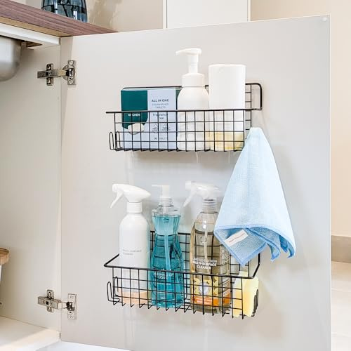 Kempt 2-teiliges Küchen- und Duschregal-Set – Schwarzer Edelstahl, selbstklebende, bohrfreie und rostfreie Wandorganizer für Toilettenartikel, Kleinteile, Bad, Schrank, Kühlschrank