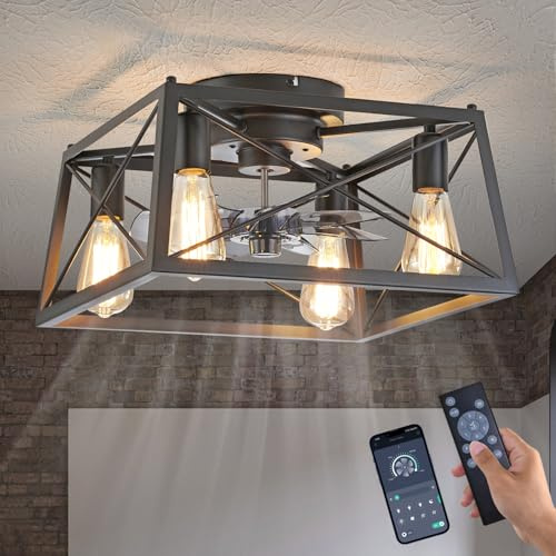 Ruibutrade Farmhouse Cage Ceiling Fan with Light & APP/Remote Control, Quiet Motor Flush Mount Industrial Fandelier, 6-Speed Ceiling Fan for Bedroom Kitchen Garage (White)