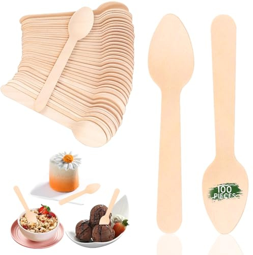 100 Holzlöffel Einweg - Holzteelöffel (11cm) Biologisch Abbaubar Einwegbesteck Holzbesteck Holz Löffel für Partys & Events, Camping