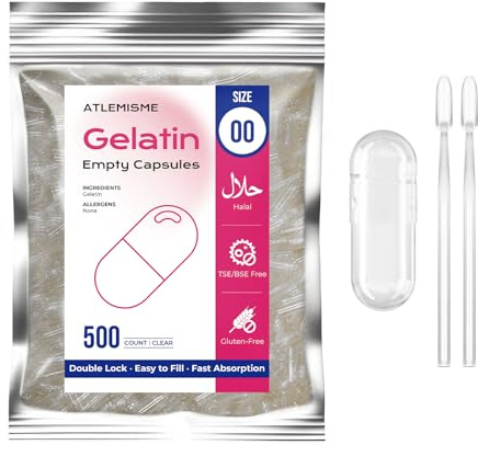 Empty Capsules Size 00 500 Count,Clear Empty Gelatin Capsules Kosher,Halal and Non GMO Certified for DIY Supplements.Hypoallergenic Gel Capsules Empty with 2 Spoons,Adapted to the Capsule Filler