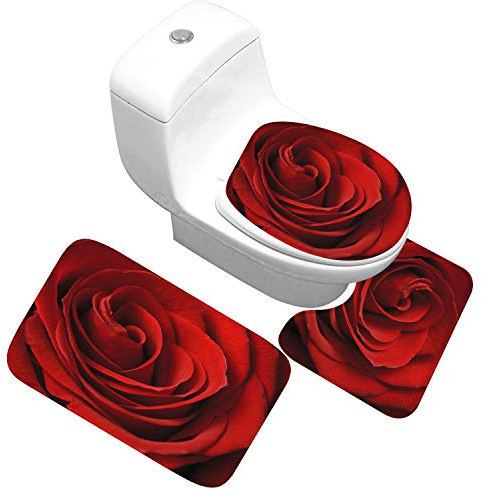 Bad Teppiche Set 3-Teiliges Rote Rose WC Vorleger Mit Ausschnitt Badematte Saugfähig WC Deckelbezug Badvorleger rutschfest Waschbar Toilettensitzbezug Badgarnitur (50x80cm)