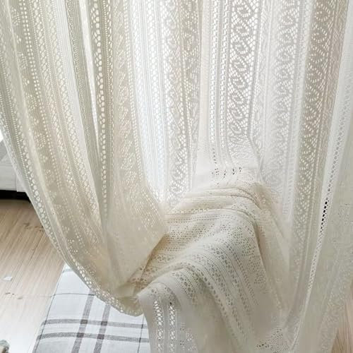 Vorhänge Beige 2er Set mit Haken, Gardinen für Schienensystem 107x244CM Spitze mit Stickerei Boho Gardinenschals Halbtransparent für Wohnzimmer Schlafzimmer Küche