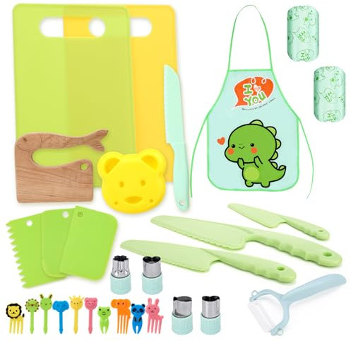 Kaisibum 29 Stück Kindermesser, Kinder Sicherheit Kochmesser Set mit Kinderschürze, Schneidebrett, Schäler, Schaber, Gemüse Ausstechformen, Obstgabeln Geburtstagsgeschenk für ab 3 4 5 6 Jahre