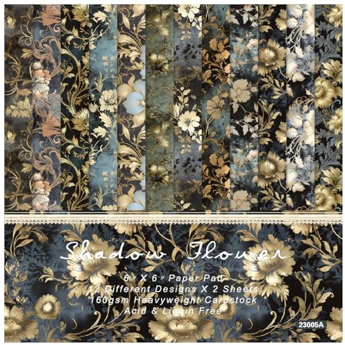 ZAKHSE Motivpapier 15,2×15,2cm, 48 Blätter Halloween Designpapier Schwarzes Blumenmuster Einseitig Bedruckt Bastelpapier, 12 Designs Scrapbook Papierblock für Kartengestaltung DIY Sammelalbum Dekor