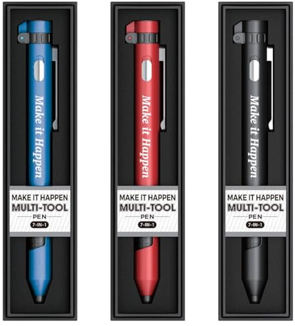 Make It Happen Personalised Multi-Tool Pen, 7-in-1 with Torch, Phone Holder, Stylus, Compass, and Screwdriver Set - Assorted Colours (Red, Blue, Black) - Black Ink
