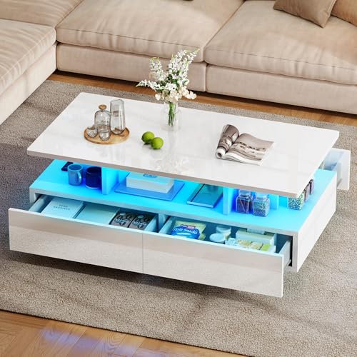 DWVO Couchtisch Modern, Wohnzimmertisch Hochglanz mit LED Beleuchtung, Kaffeetisch mit Offenem Ausstellungsregal und 4 Ausziehbaren Schubladen, Sofa Tische Wohnzimmer 90x55x41,1 cm