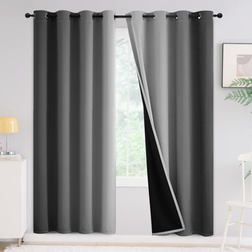 Yakamok 100% Blackout Curtains for Bedroom,Grey Ombre Room Darkening Drapes for Living Room Grommet Window Panels 72 inches Long,Thermal Insulated Curtains & Drapes,2 Panels,52x72 inch