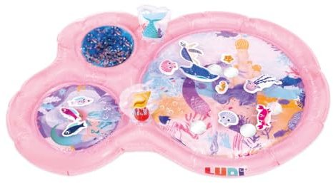 LUDI Wasserspielmatte Meerjungfrau – Große Aufblasbare Aktivitätsmatte – Mit 5 Schwimmenden Spiegeln – 2 Soundelemente – Glitzer Gel – Ab 10 Monaten