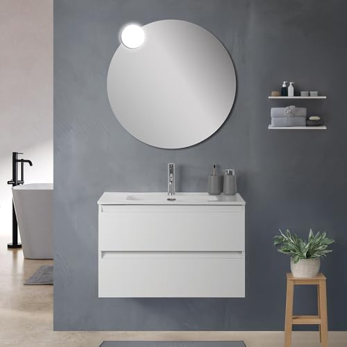 Mobile Bagno Sospeso 80 Cm In Legno Bianco Lucido Con 2 Cassetti, Lavabo Integrato E Specchio - Design Moderno E Funzionale Leda