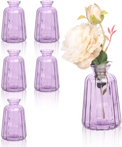 6 Stück Kleine Vasen für Tischdeko Mini Glasvase Set für Tischdeko Hochzeit (11× 6,5cm, Lila)