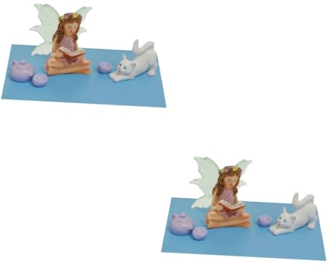 VANZACK 2 Sets Resin Cat Fairy Sculpture Tea Cup Garden Micro Cat Ornament for Home Decor Whimsical Night Glow Fairy Series Figurines Gift and Outdoor Decoration