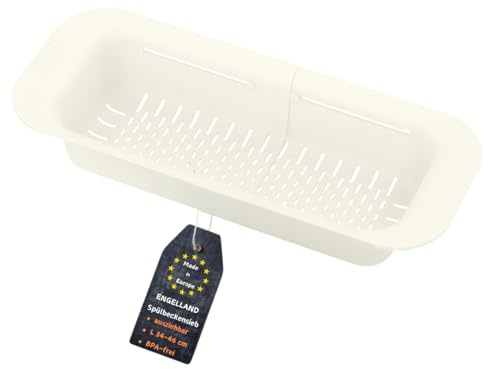 Engelland - 1 x ausziehbares Abtropf-Sieb für Spülbecken, Beige, flexibler Abtropf-Korb, Nudelsieb aus BPA-freiem Kunststoff, platzsparend & erweiterbar, robust, Seiher für Waschbecken