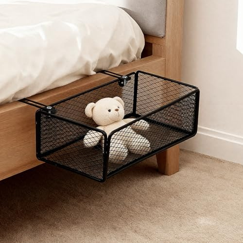 Vivikivi Bedside Hanging Storage Basket,Bunk Bed Shelf, Black, 27x15 x9cm | Hanging bedside Storage Caddy for Book Phone Glasses Magazine, Metal Mesh Bedside Shelf for Home Office School Dorm Bunk