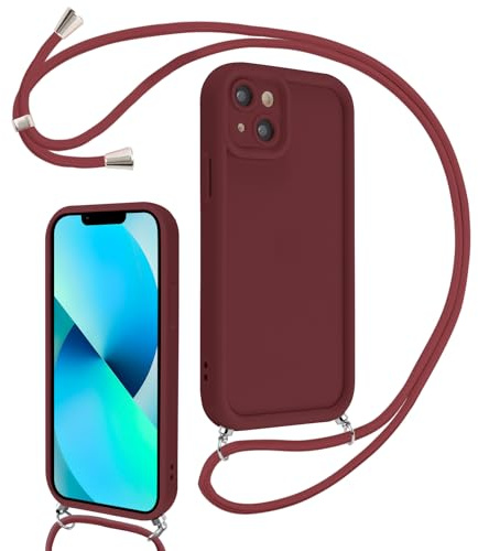 Coalbooliy Cover per iPhone 13 6,1 con Cordino per Cellulare, Custodia Silicone con Regolabile Collana Sottile Morbida Case Protezione della fotocamera Antiurto con Necklace, Rosso
