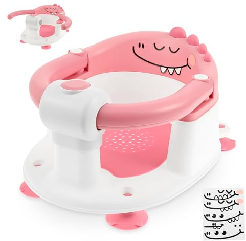 Badewannensitz Baby Ergonomische Rückenlehne 360° Rundumschutz Baby Badesitz ab 6 Monate mit 4 Große Silikon Saugnäpfe Antirutschmatte Ablaufloch für Babys ab 6 Monaten (Rosa)
