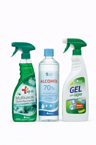 Kit Desinfección Hogar Completo – Multisusos Desinfectante + Alcohol 70% + Limpiahogar con Lejía – Pack 3 Productos
