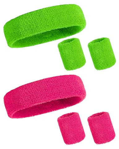 YIPFEN Party Fashion 6-teiliges Set Neon-Schweißband-Accessoires der 80er Jahre – Schweißband Stirn und Handgelenk in fluoreszierendem Grün und Pink für Retro-Sportkostüme