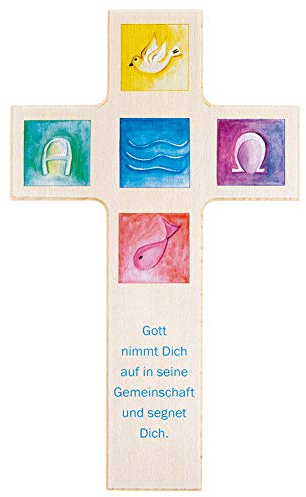 Fritz Cox Holzkreuz Gott segne Dich | ein zeitloses, christliches Kreuz mit vier Symbolen der Sakramente | schönes Geschenk (20cm, natur)