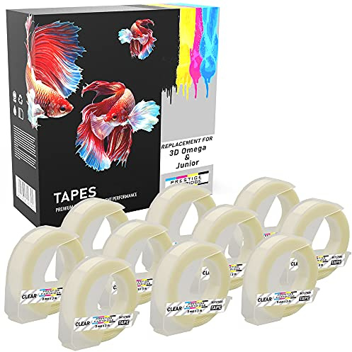 10er Pack weiß auf glänzend transparent 9mm x 3m Prägeetiketten (selbstklebend, kunststoff) kompatibel für Omega und Junior Etikettenprägegerät