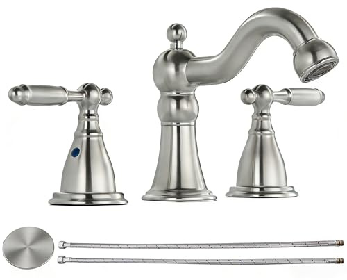 RKF Bathroom Faucets for Sink 3 Brushed Nickel 8 inch Widespread Bathroom Sink Faucet with Drain Double Lever Handle Faucet Bathroom Vanity Faucet Basin Mixer Tap WF013-BN