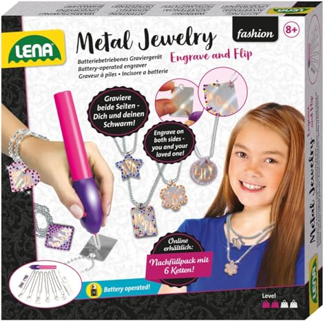 Lena 42655 Metal Jewelery Schmuck-Bastelset ab 8 Jahren - Halskette basteln ganz einfach, Kreatives Bastelset für Mädchen mit Gravurgerät, Anhänger & Deko-Strasssteinen