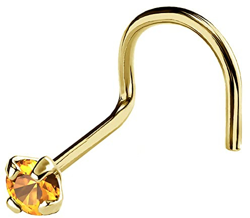 20G Solid 14Kt Gold Nose Screw Stud with Prong Set real Citrine Gemstone, 14kt Yellow Gold or 14kt White Gold - November Birthstone Nose Ring