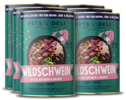 Pets Deli Classic Nassfutter für Hunde mit Wildschwein & Reis, 6x800g | Mit hohem Anteil Wildschwein als einzige Proteinquelle, Reis, Sellerie & Rote Beete, ohne Zucker und Gluten, Premium Qualität
